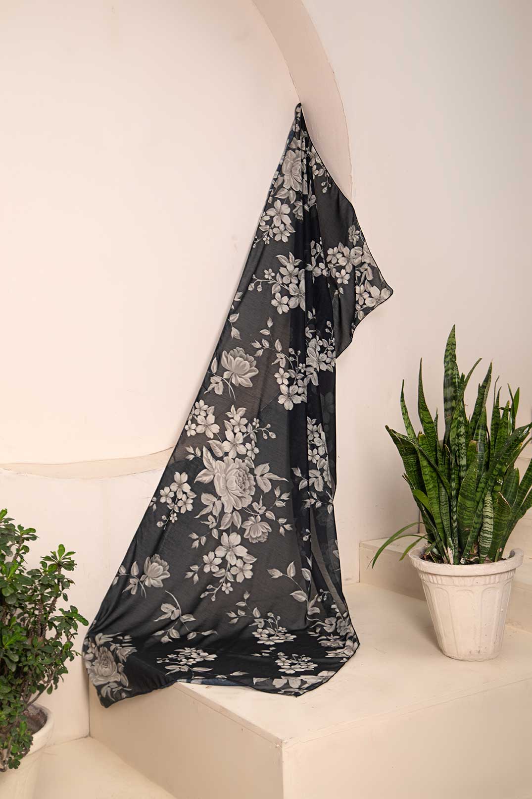 Floral Black - Cotton Silk Dupatta