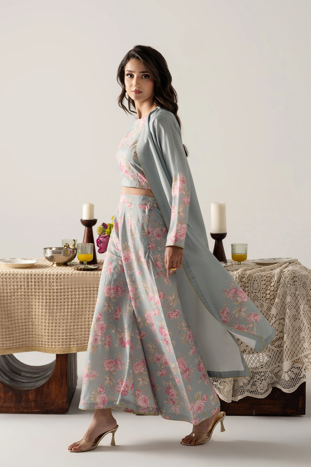 ICE BLUE FRONT OPEN SHIRT WITH MODEST CROP TOP AND FLARED PANTS