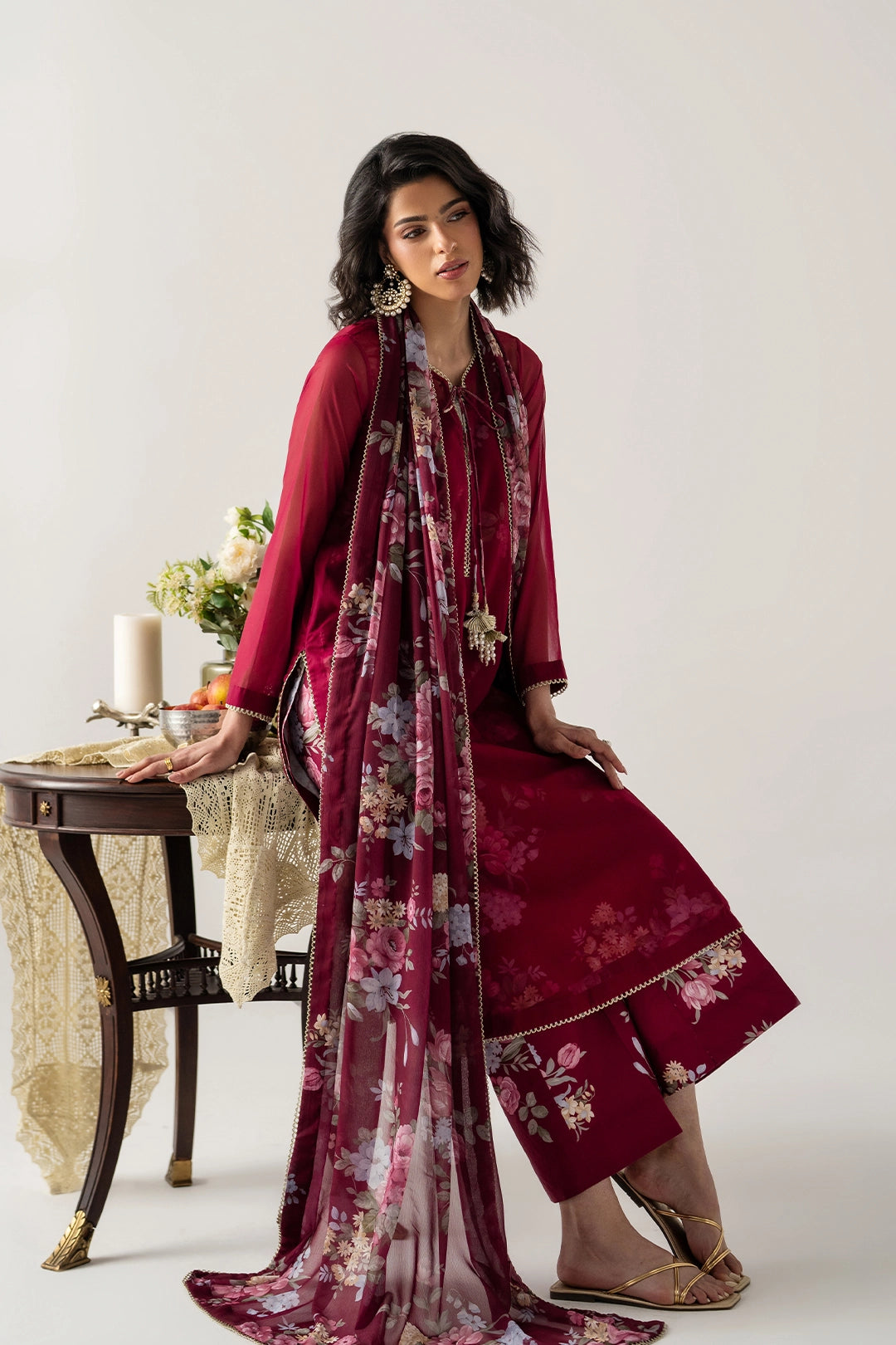DEEP BURGUNDY 4-PC ENSEMBLE WITH INNER CAMISOLE, SHIRT, TROUSER AND DUPATTA