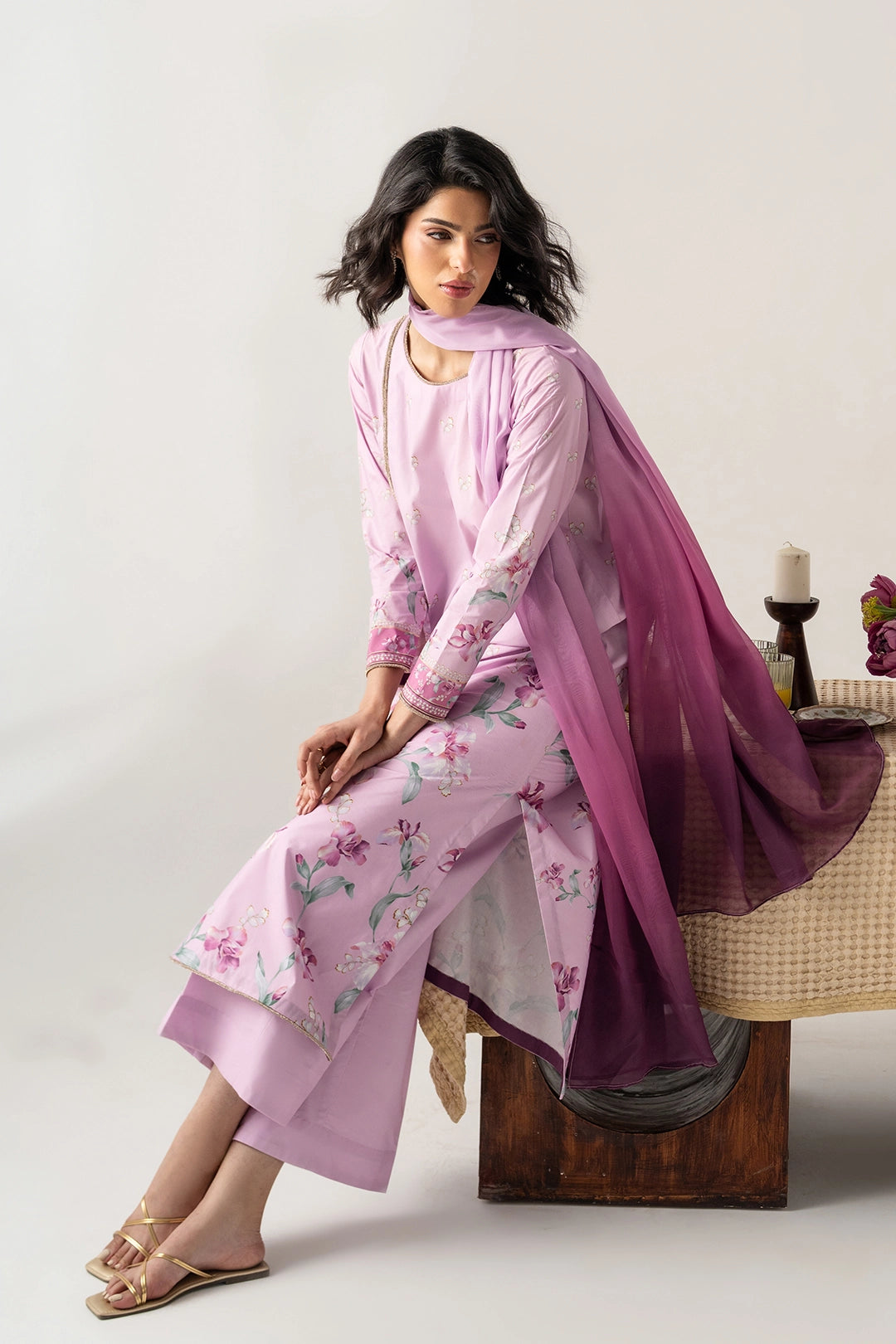 LILAC 3PC ENSEMBLE WITH LONG PANELED SHIRT, DUPATTA AND CULOTTES