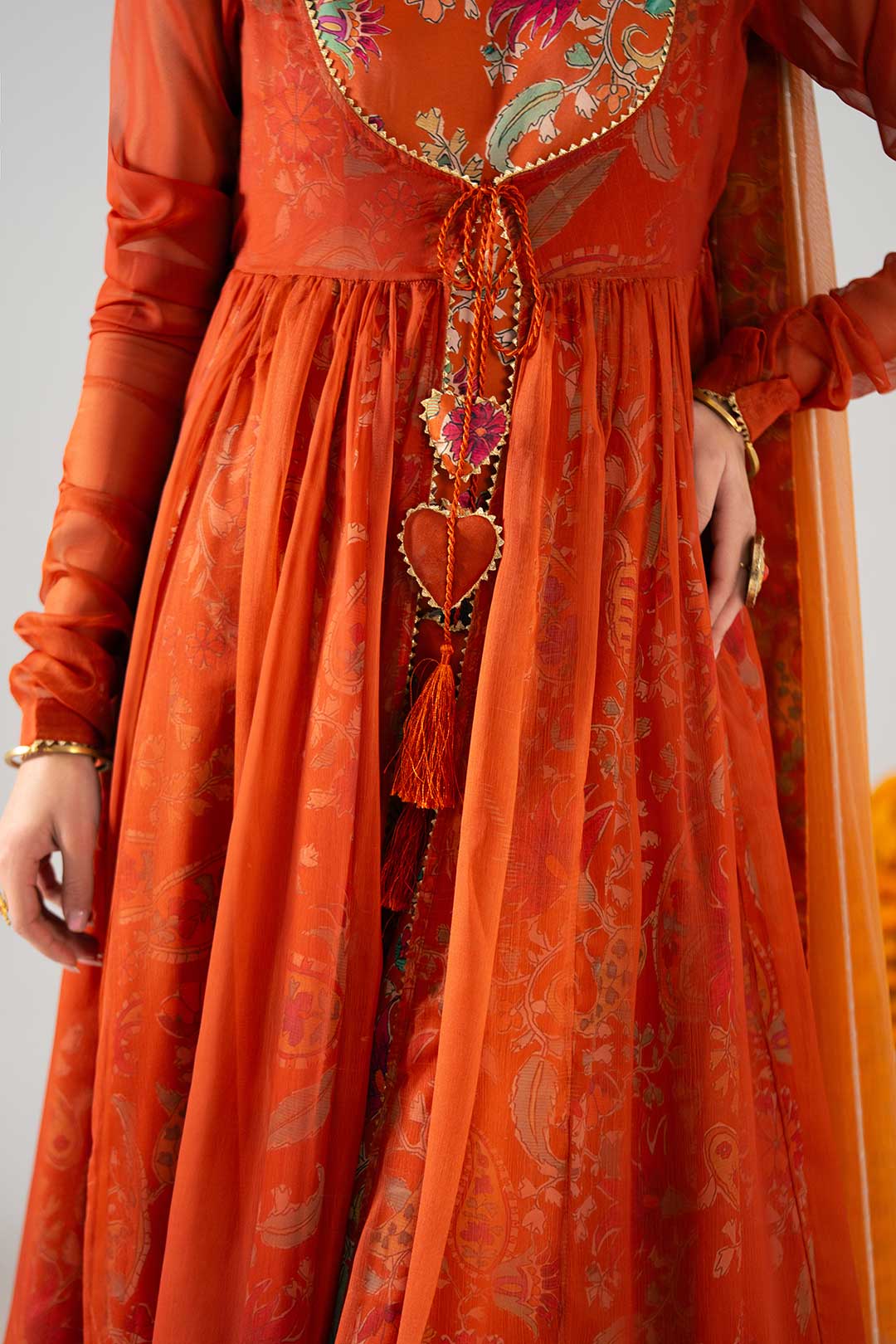 RUST ORANGE PRINTED PESHWAZ WITH DUPATTA