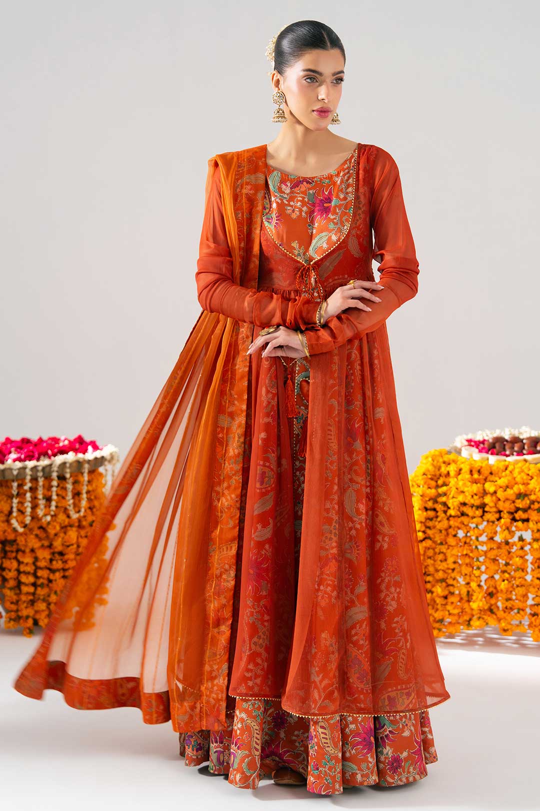 RUST ORANGE PRINTED PESHWAZ WITH DUPATTA