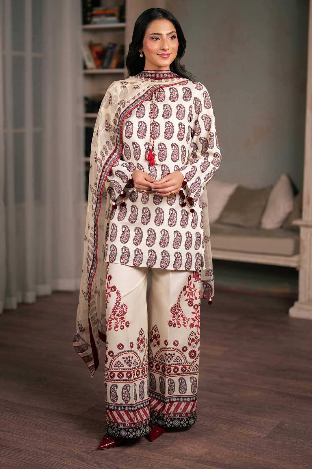 BEIGE PRINTED KURTA WITH TROUSER AND DUPATTA