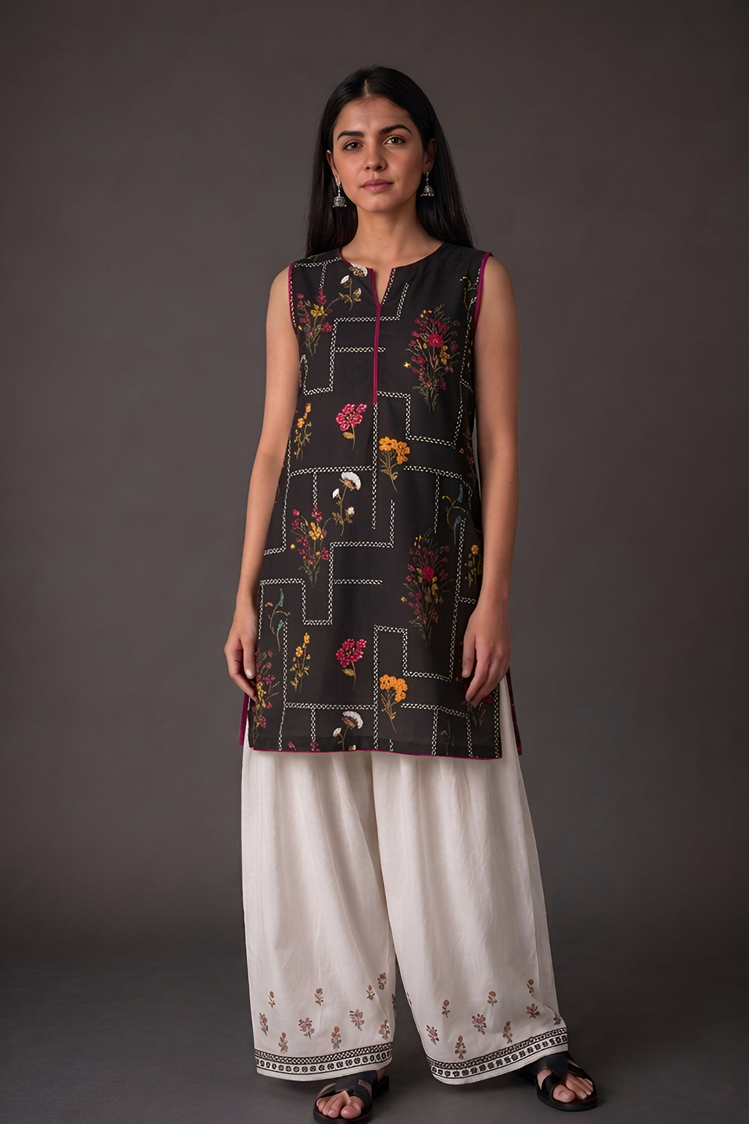 PRINTED SLEEVELESS KURTA WITH FARSHI SHALWAR