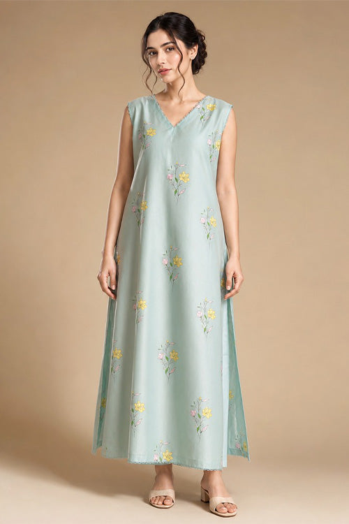 TURQUOISE PRINTED LONG SHIRT WITH CULOTTES