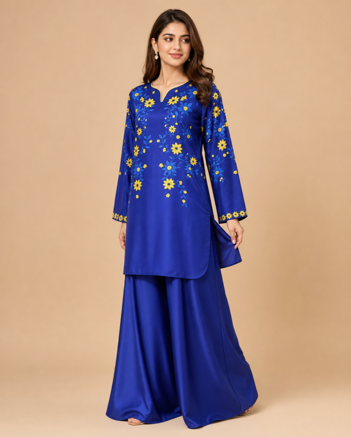 ROYAL BLUE - YELLOW SHORT KURTI WITH FARSHI SHALWAR