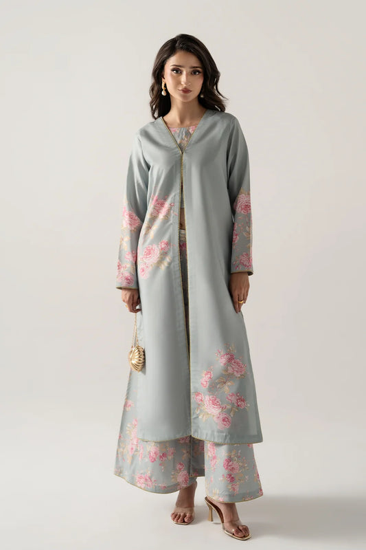 ICE BLUE FRONT OPEN SHIRT WITH MODEST CROP TOP AND FLARED PANTS