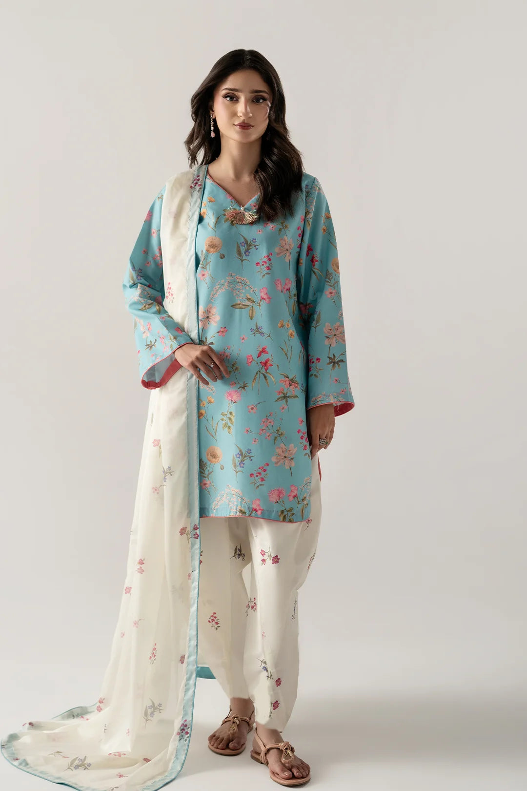 SKY BLUE 3PC WITH SHORT SHIRT, SKINNY SHALWAR AND DUPATTA