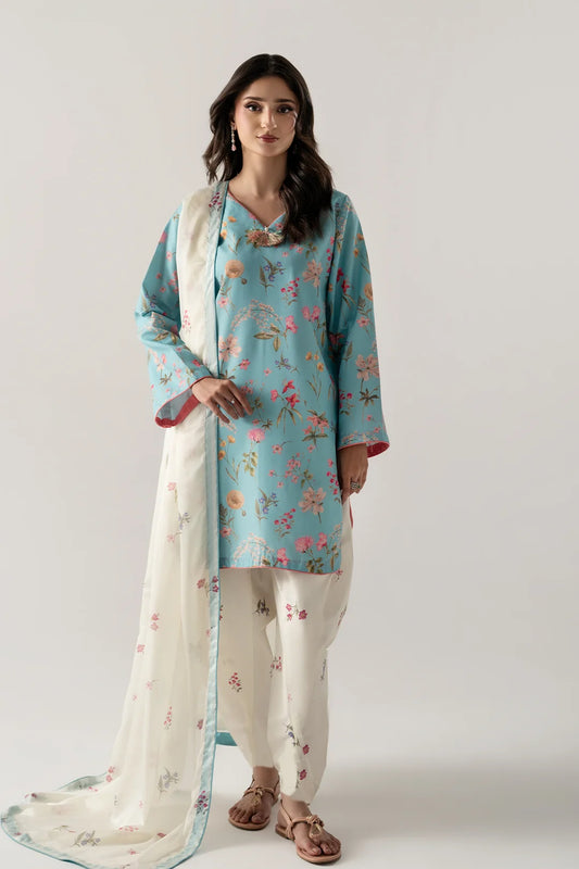 SKY BLUE 3PC WITH SHORT SHIRT, SKINNY SHALWAR AND DUPATTA