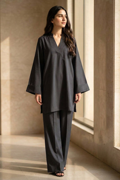 RELAXED FIT PLEATED SHIRT WITH WIDE LEG TROUSERS