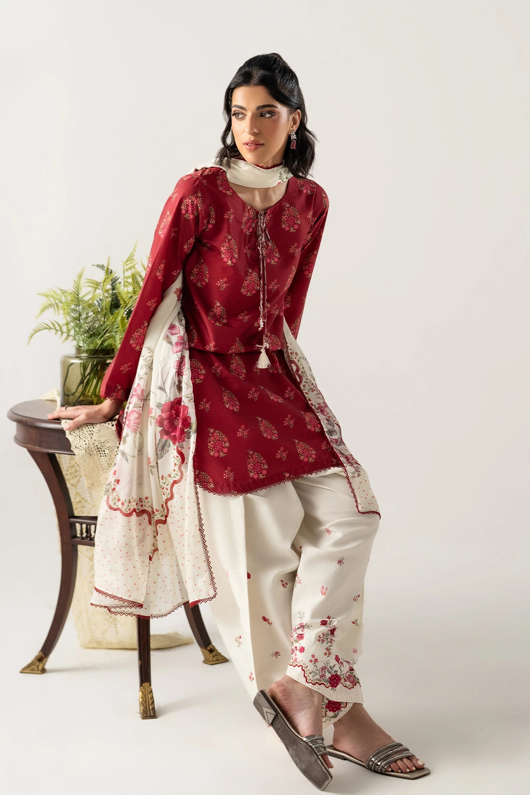 MAROON - IVORY 3PC SHORT SHIRT WITH FARSHI SHALWAR AND DUPATTA