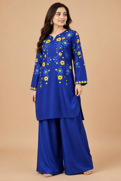 ROYAL BLUE - YELLOW SHORT KURTI WITH FARSHI SHALWAR