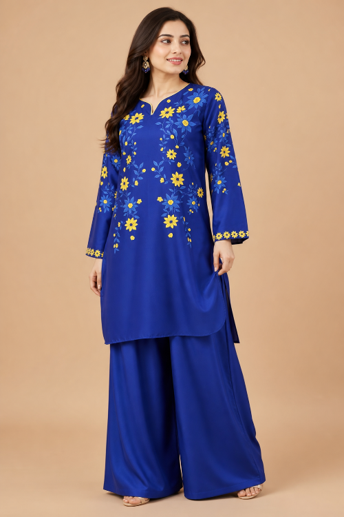 ROYAL BLUE - YELLOW SHORT KURTI WITH FARSHI SHALWAR