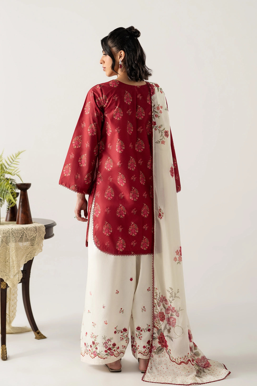 MAROON - IVORY 3PC SHORT SHIRT WITH FARSHI SHALWAR AND DUPATTA