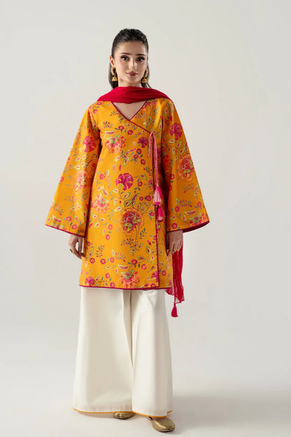 MUSTARD SHORT ANGRAKHA WITH FLARED PANTS AND CHUNRI DUPATTA
