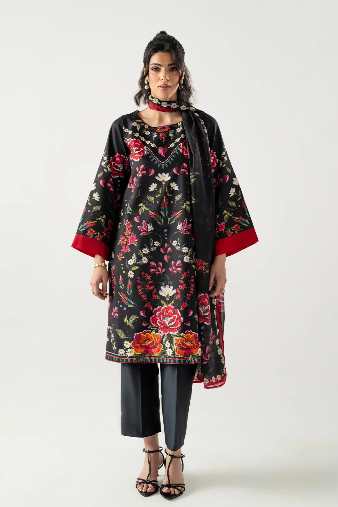 RED-BLACK 3PC ENSEMBLE WITH STRAIGHT CUT SHIRT, DUPATTA AND CULOTTES