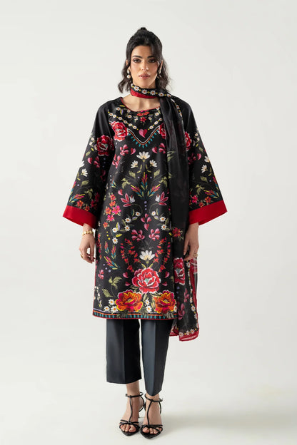 RED-BLACK 3PC ENSEMBLE WITH STRAIGHT CUT SHIRT, DUPATTA AND CULOTTES