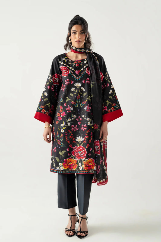 RED-BLACK 3PC ENSEMBLE WITH STRAIGHT CUT SHIRT, DUPATTA AND CULOTTES