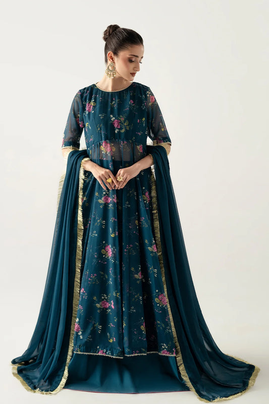 DEEP TEAL PESHWAZ WITH ATTCHED MODEST CAMISOLE, FLARED SKIRT AND DUPATTA