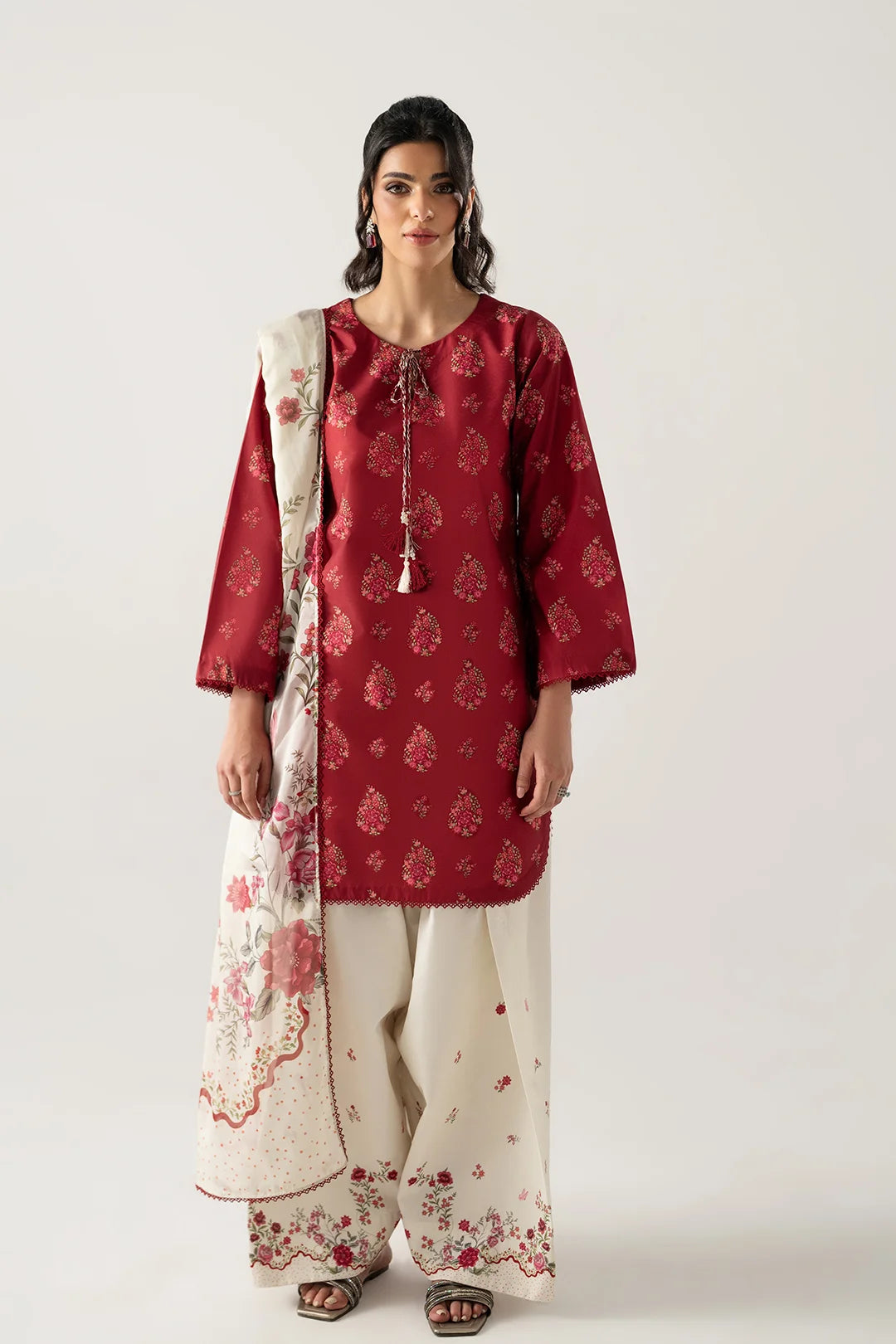 MAROON - IVORY 3PC SHORT SHIRT WITH FARSHI SHALWAR AND DUPATTA