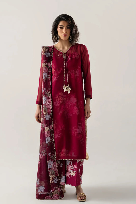 DEEP BURGUNDY 4-PC ENSEMBLE WITH INNER CAMISOLE, SHIRT, TROUSER AND DUPATTA