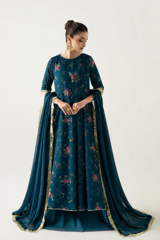 DEEP TEAL PESHWAZ WITH ATTCHED MODEST CAMISOLE, FLARED SKIRT AND DUPATTA