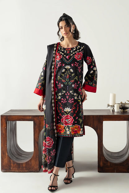 RED-BLACK 3PC ENSEMBLE WITH STRAIGHT CUT SHIRT, DUPATTA AND CULOTTES