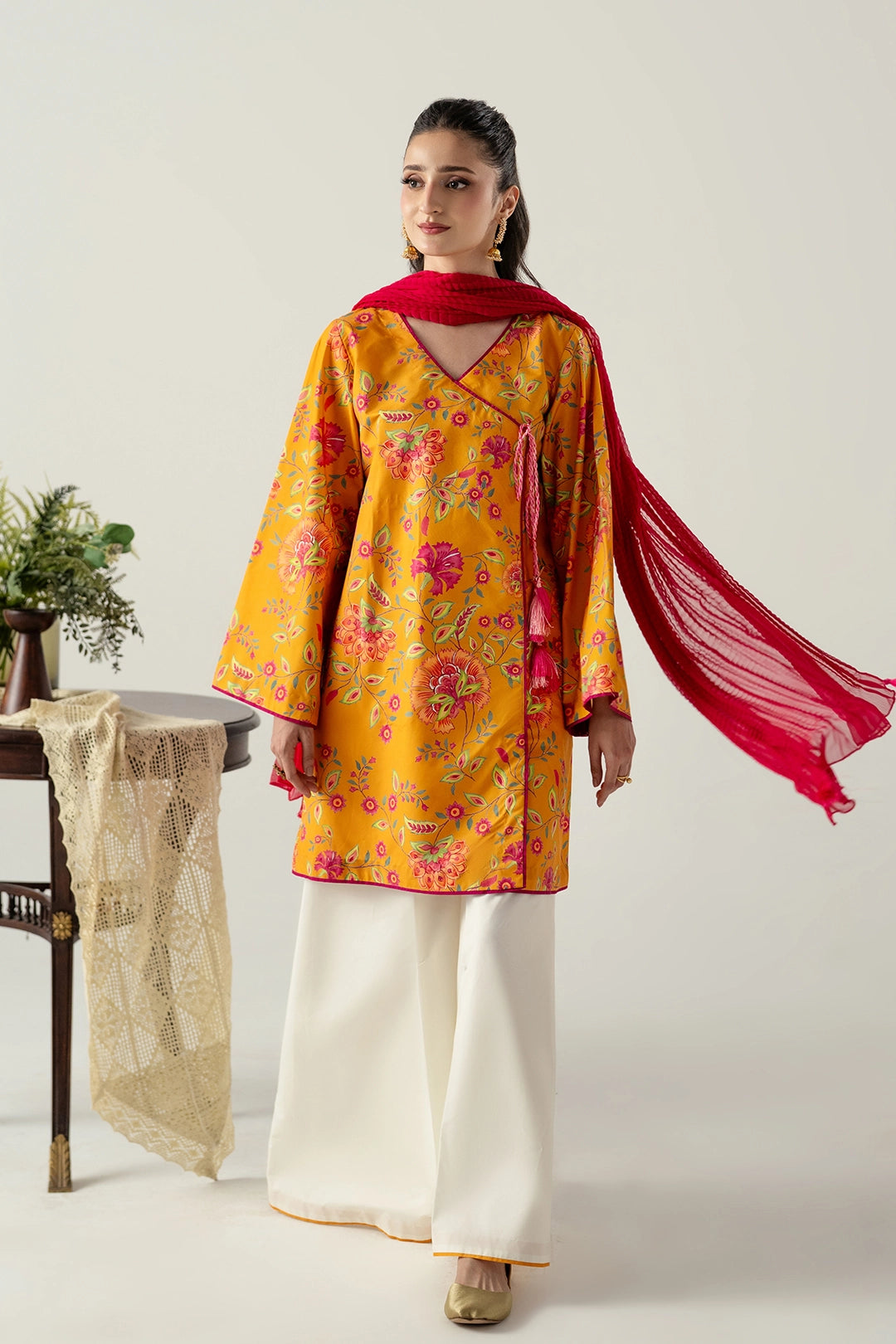 MUSTARD SHORT ANGRAKHA WITH FLARED PANTS AND CHUNRI DUPATTA