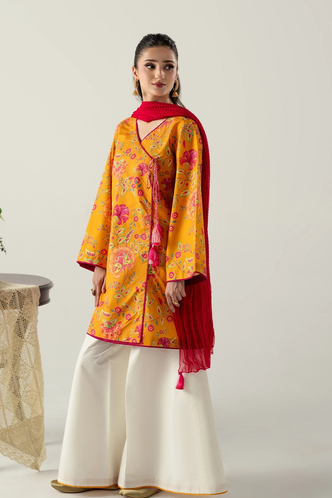 MUSTARD SHORT ANGRAKHA WITH FLARED PANTS AND CHUNRI DUPATTA