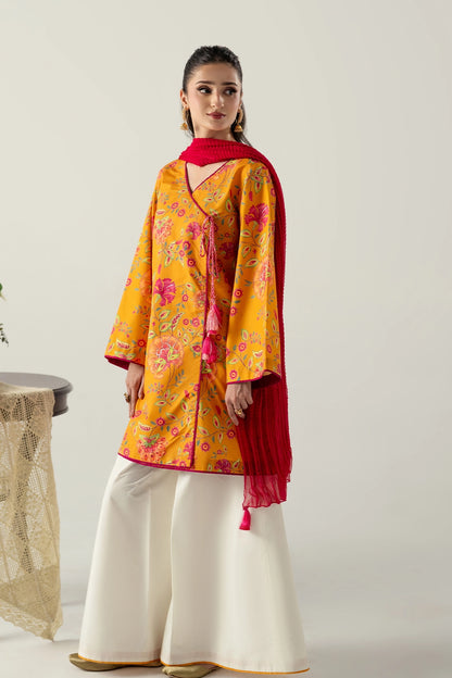 MUSTARD SHORT ANGRAKHA WITH FLARED PANTS AND CHUNRI DUPATTA