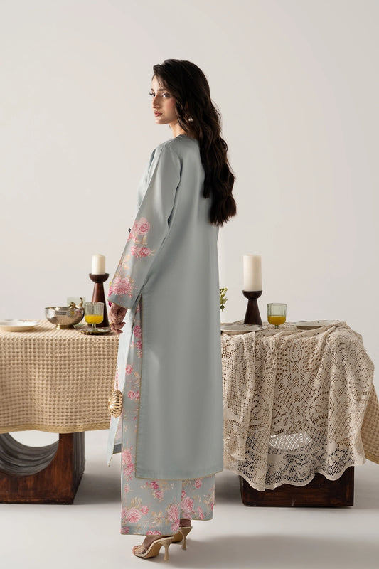 ICE BLUE FRONT OPEN SHIRT WITH MODEST CROP TOP AND FLARED PANTS