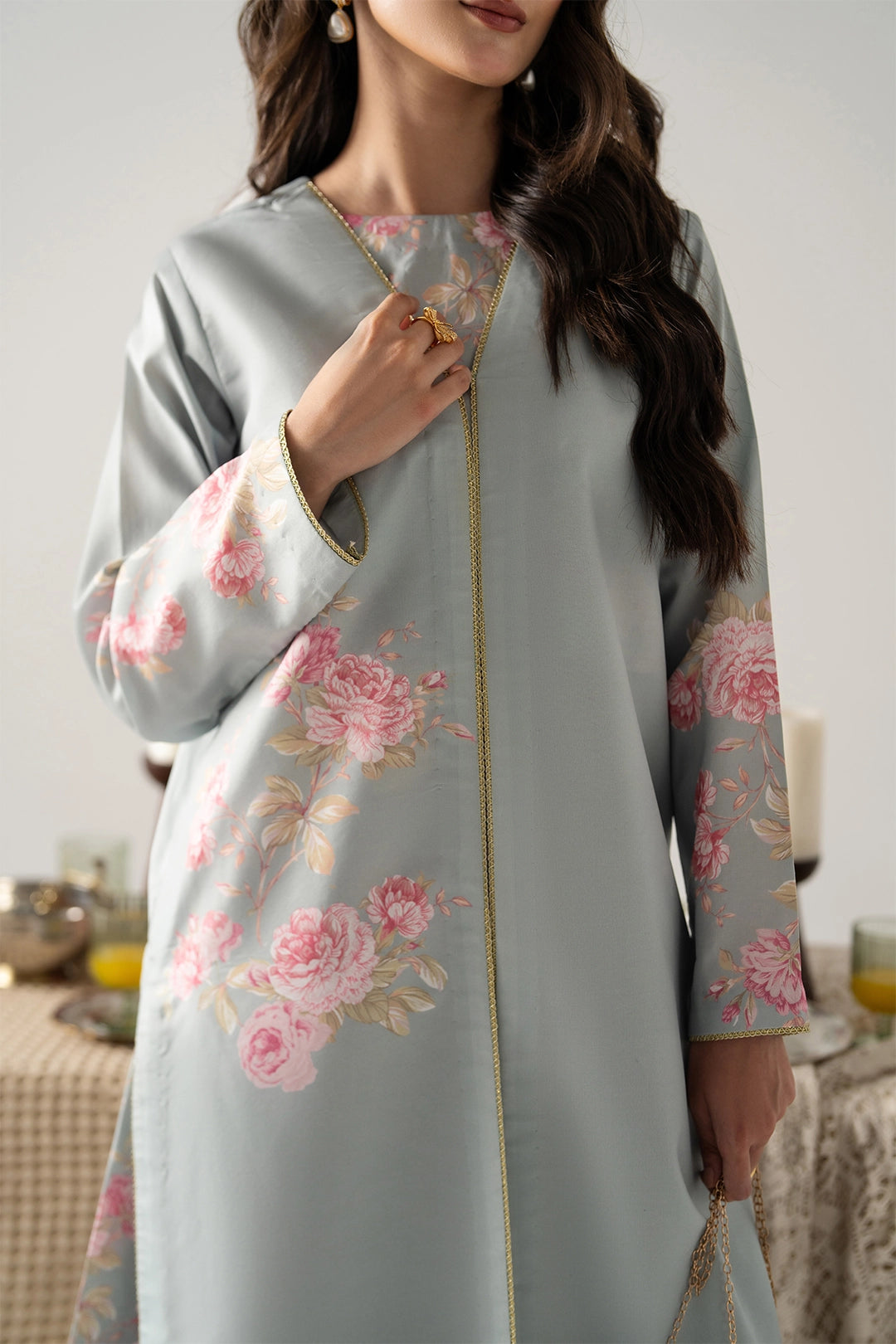 ICE BLUE FRONT OPEN SHIRT WITH MODEST CROP TOP AND FLARED PANTS