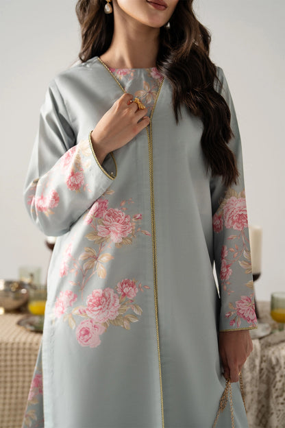 ICE BLUE FRONT OPEN SHIRT WITH MODEST CROP TOP AND FLARED PANTS