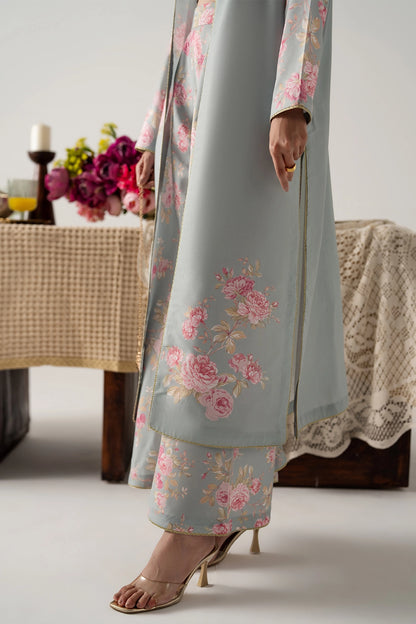 ICE BLUE FRONT OPEN SHIRT WITH MODEST CROP TOP AND FLARED PANTS