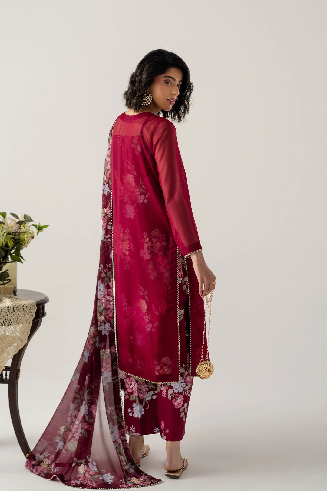 DEEP BURGUNDY 4-PC ENSEMBLE WITH INNER CAMISOLE, SHIRT, TROUSER AND DUPATTA