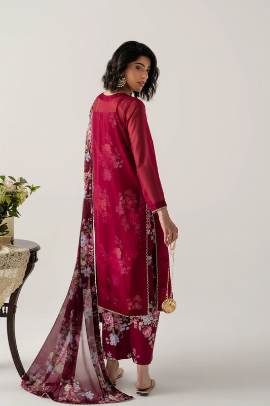 DEEP BURGUNDY 4-PC ENSEMBLE WITH INNER CAMISOLE, SHIRT, TROUSER AND DUPATTA