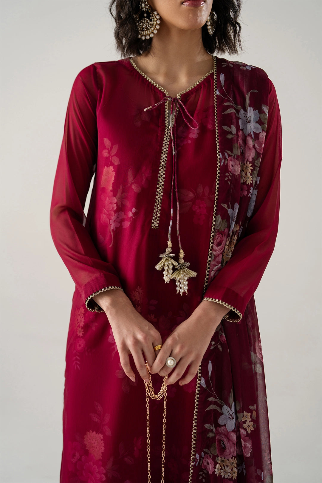 DEEP BURGUNDY 4-PC ENSEMBLE WITH INNER CAMISOLE, SHIRT, TROUSER AND DUPATTA