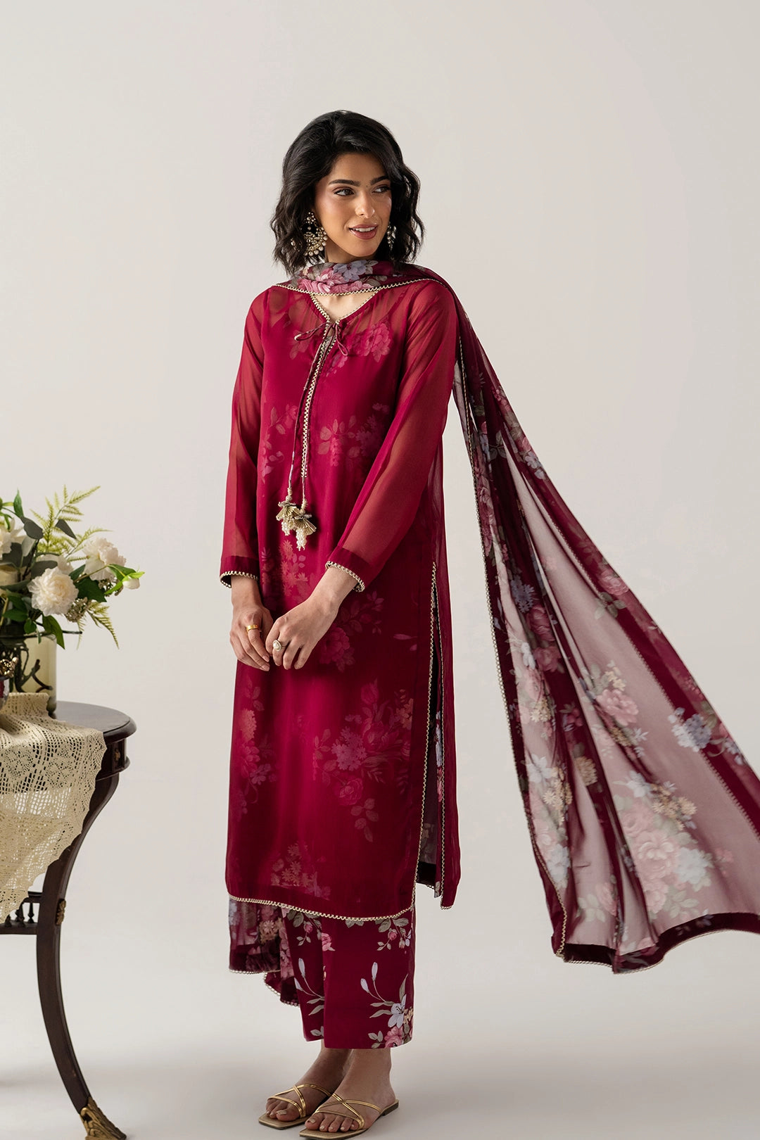 DEEP BURGUNDY 4-PC ENSEMBLE WITH INNER CAMISOLE, SHIRT, TROUSER AND DUPATTA