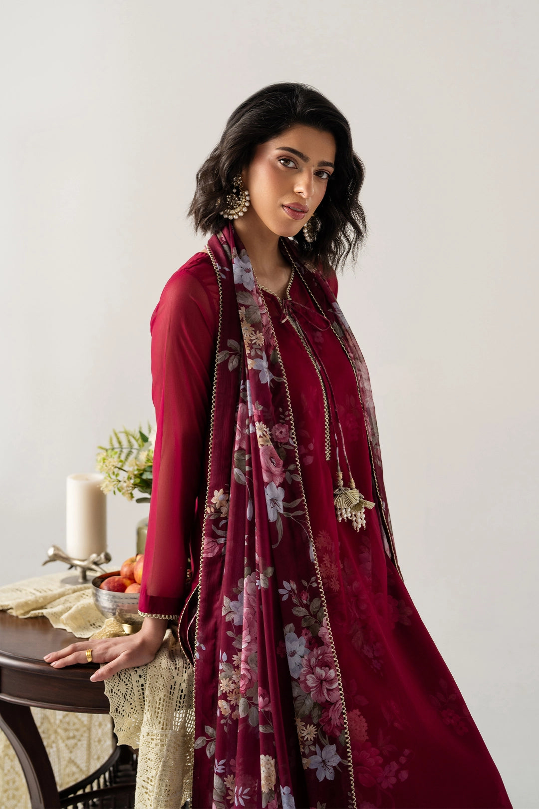 DEEP BURGUNDY 4-PC ENSEMBLE WITH INNER CAMISOLE, SHIRT, TROUSER AND DUPATTA