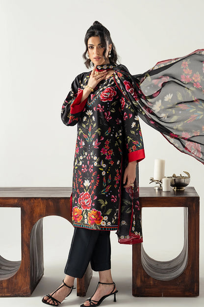 RED-BLACK 3PC ENSEMBLE WITH STRAIGHT CUT SHIRT, DUPATTA AND CULOTTES