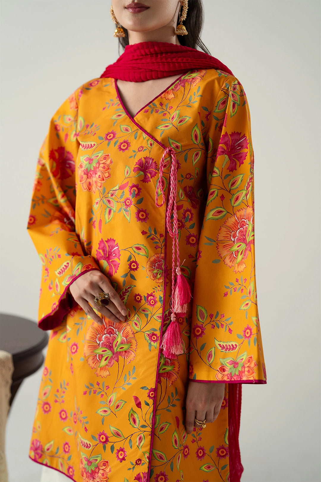 MUSTARD SHORT ANGRAKHA WITH FLARED PANTS AND CHUNRI DUPATTA