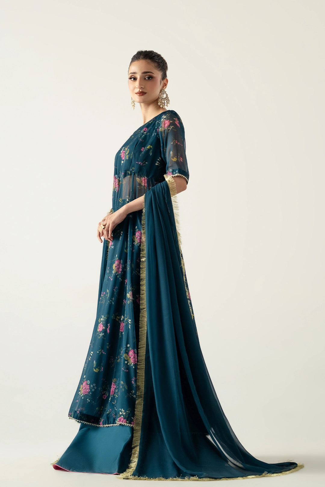 DEEP TEAL PESHWAZ WITH ATTCHED MODEST CAMISOLE, FLARED SKIRT AND DUPATTA