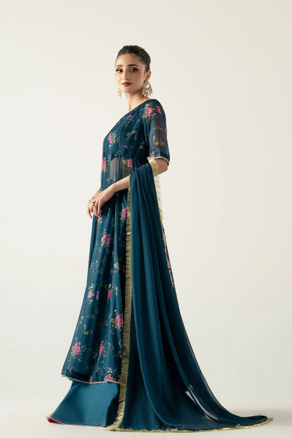 DEEP TEAL PESHWAZ WITH ATTCHED MODEST CAMISOLE, FLARED SKIRT AND DUPATTA