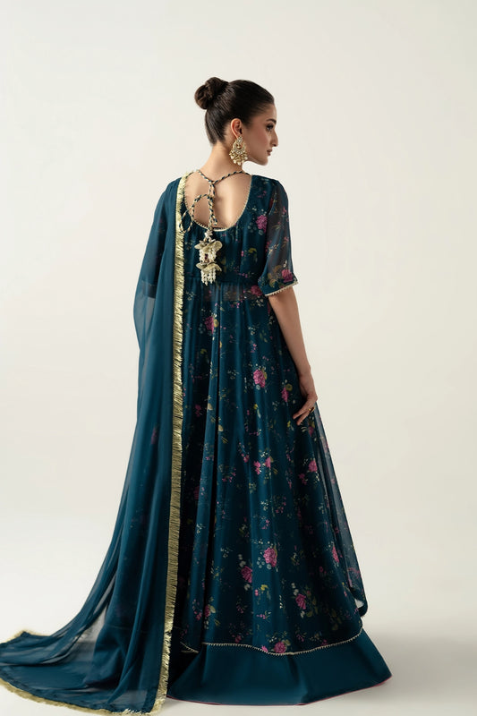 DEEP TEAL PESHWAZ WITH ATTCHED MODEST CAMISOLE, FLARED SKIRT AND DUPATTA