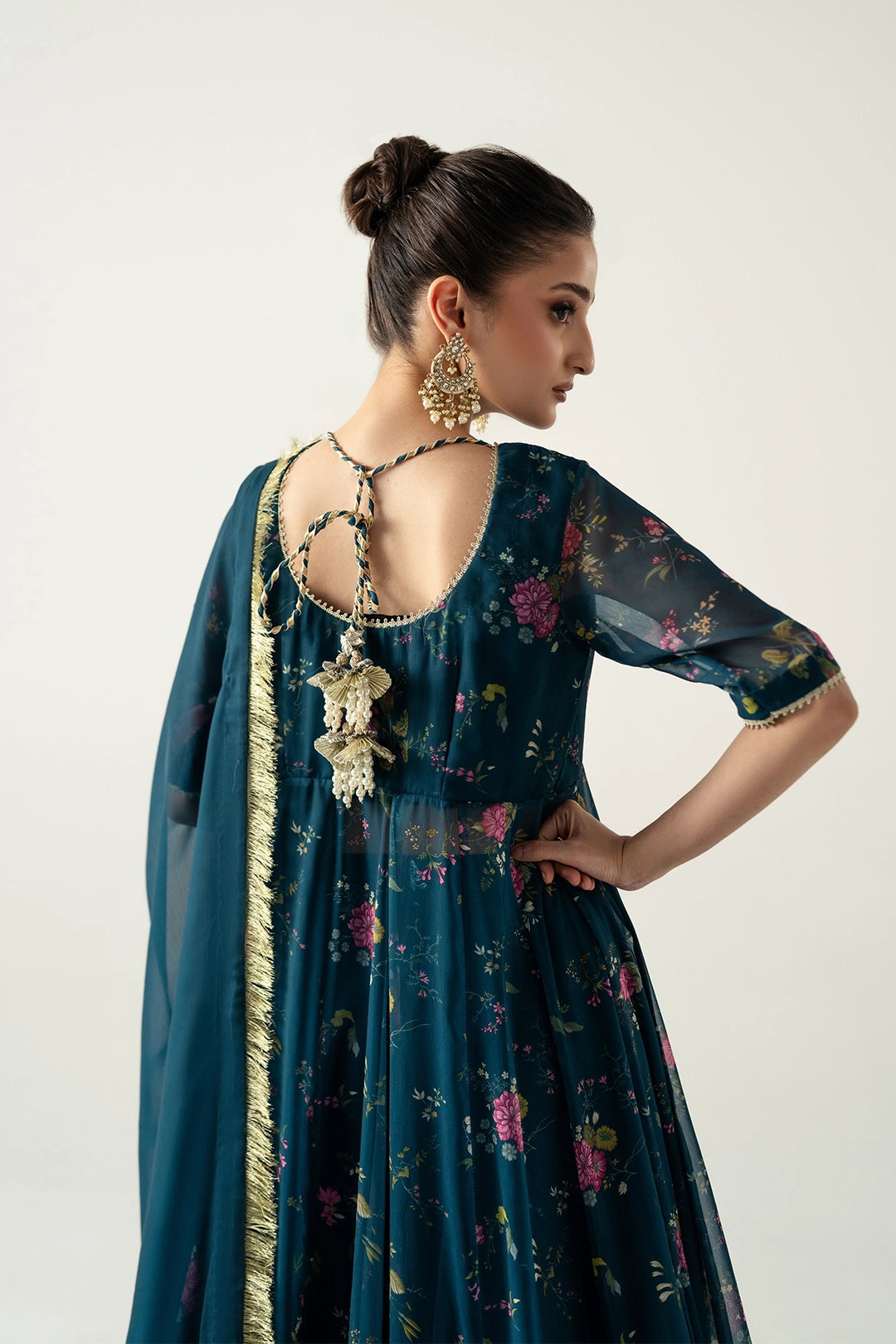 DEEP TEAL PESHWAZ WITH ATTCHED MODEST CAMISOLE, FLARED SKIRT AND DUPATTA