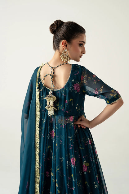 DEEP TEAL PESHWAZ WITH ATTCHED MODEST CAMISOLE, FLARED SKIRT AND DUPATTA