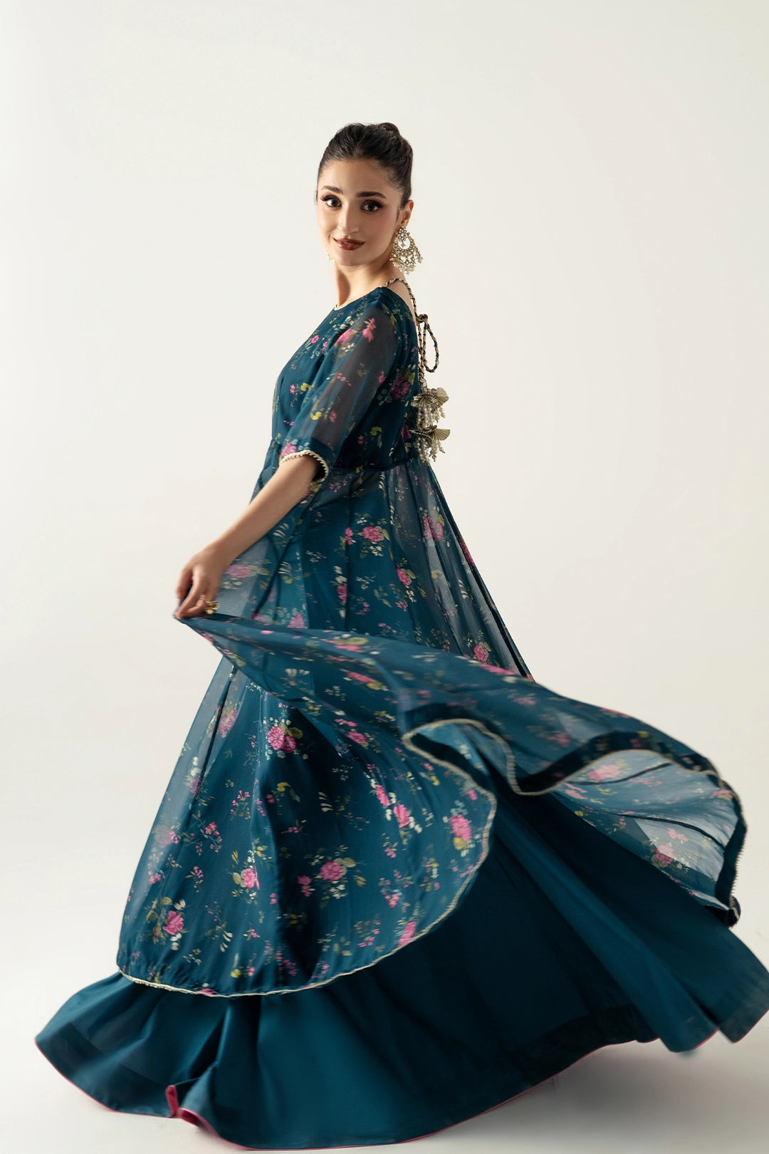 DEEP TEAL PESHWAZ WITH ATTCHED MODEST CAMISOLE, FLARED SKIRT AND DUPATTA