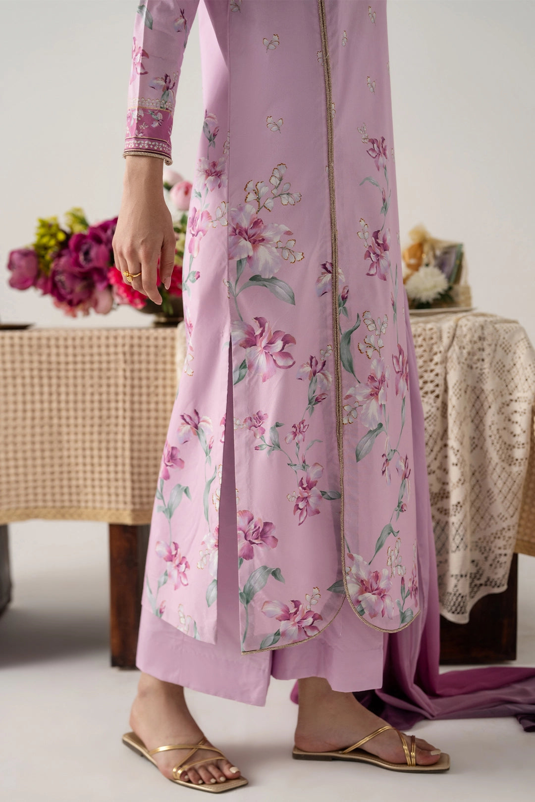 LILAC 3PC ENSEMBLE WITH LONG PANELED SHIRT, DUPATTA AND CULOTTES