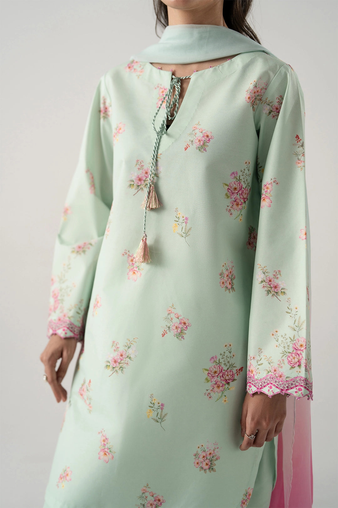 MINT-PINK 3PC WITH SHORT SHIRT, SKINNY SHALWAR AND DUPATTA