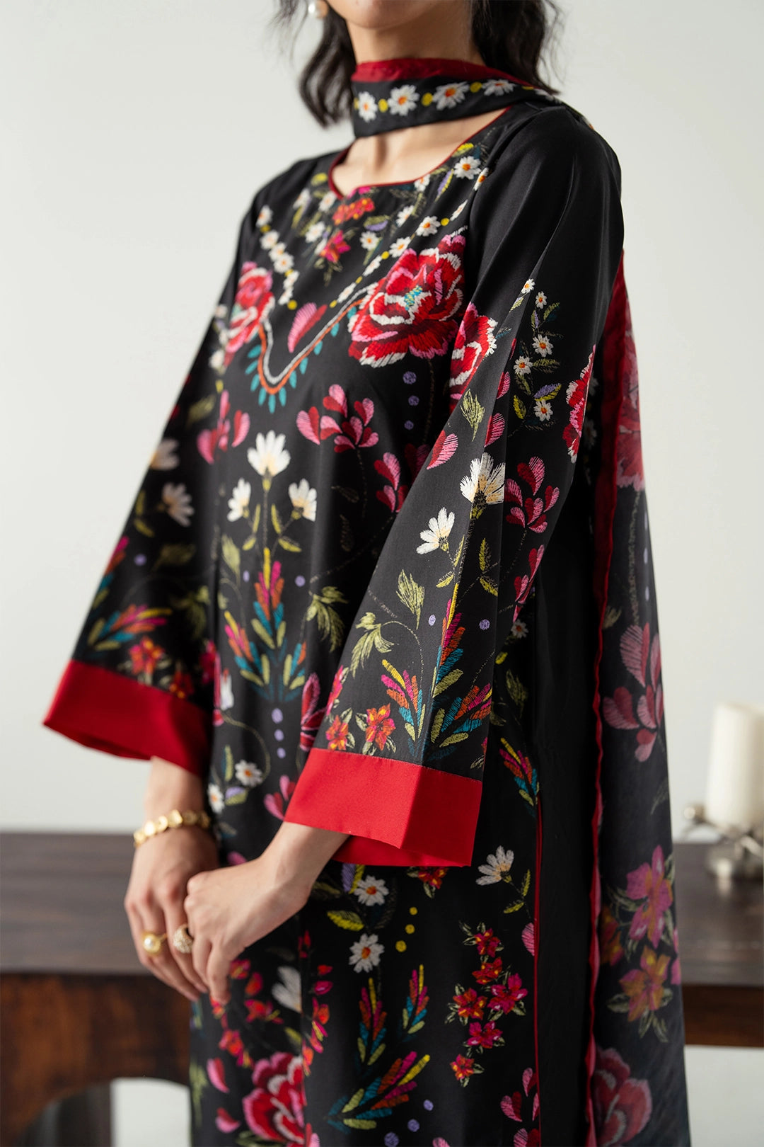 RED-BLACK 3PC ENSEMBLE WITH STRAIGHT CUT SHIRT, DUPATTA AND CULOTTES